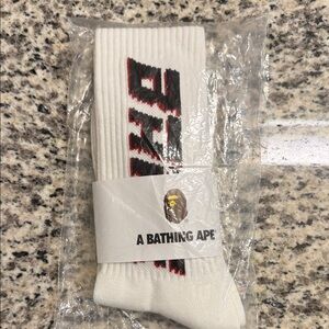 A Bathing Ape White Crew Socks with Black & Red Logo